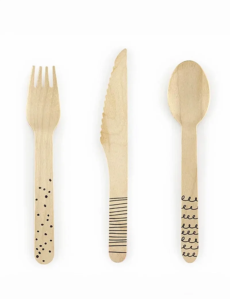 18 Holzpartybestecke mit schwarzen Motiven 16 cm originell