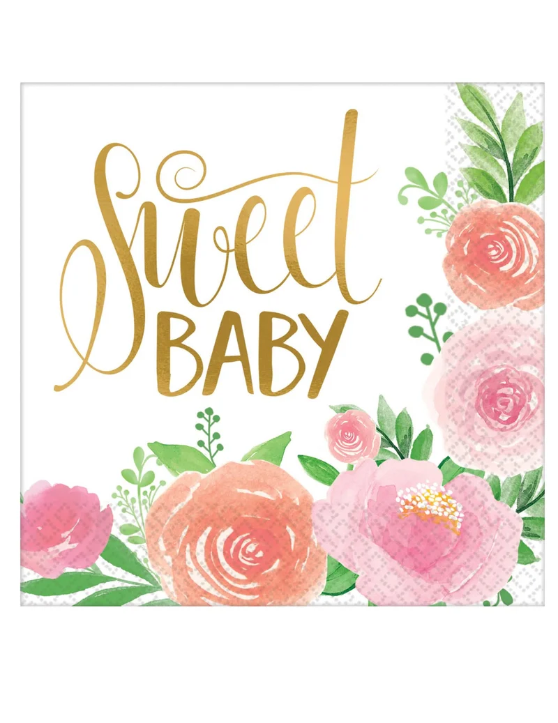 16 Papierservietten Sweet Baby Girl 33 x 33 cm goldene Blumen