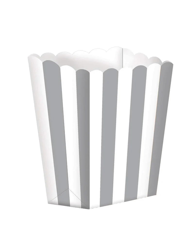 5 Popcornboxen aus Karton, silber-weiß gestreift, 9 x 13 cm, für Filmabend