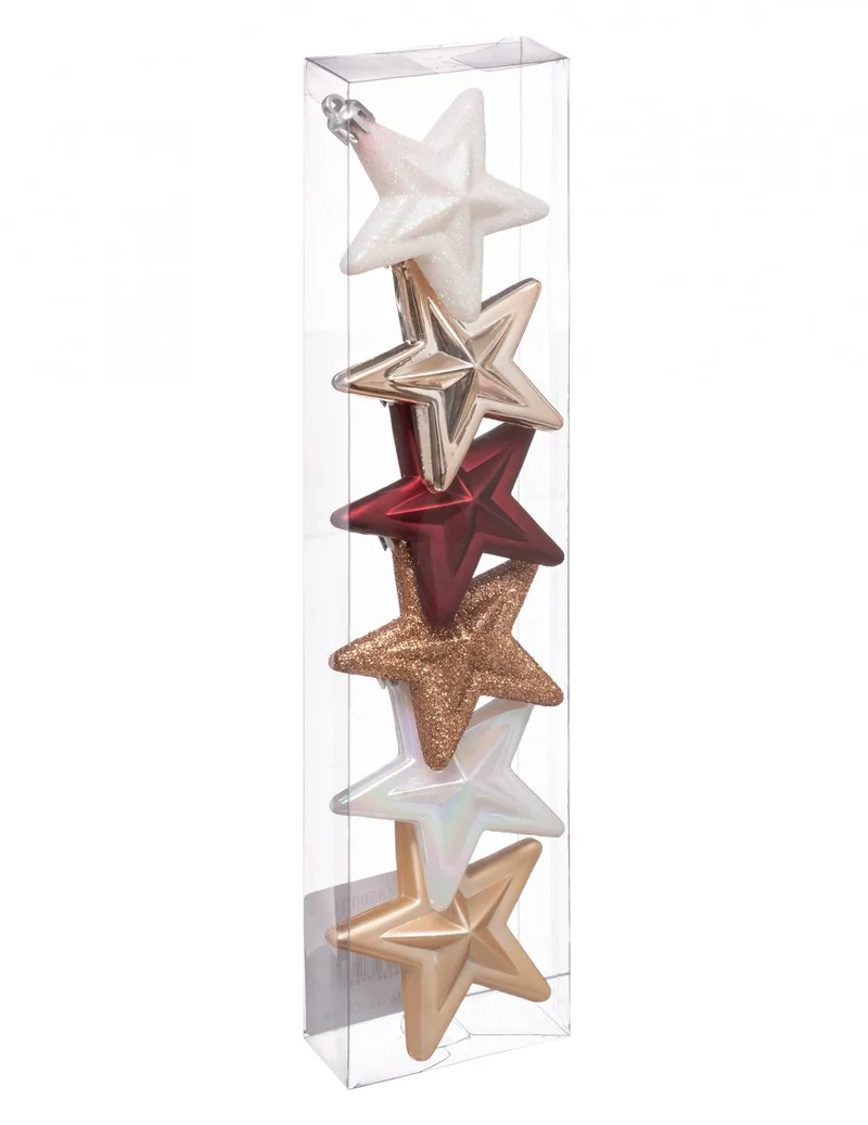 6 Weihnachtsbaum-Anhänger Sterne rot weiß gold 6 cm glitzernd und matt