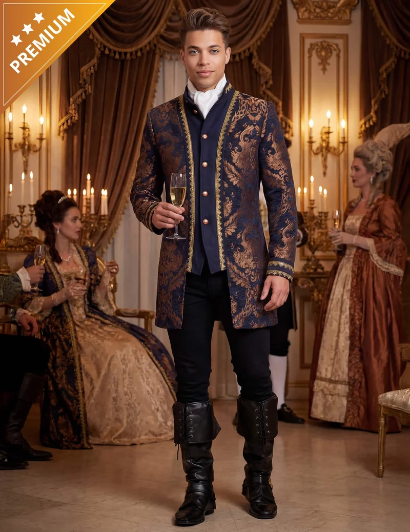 Blaue Barockjacke für Herren mit luxuriöser Stickerei