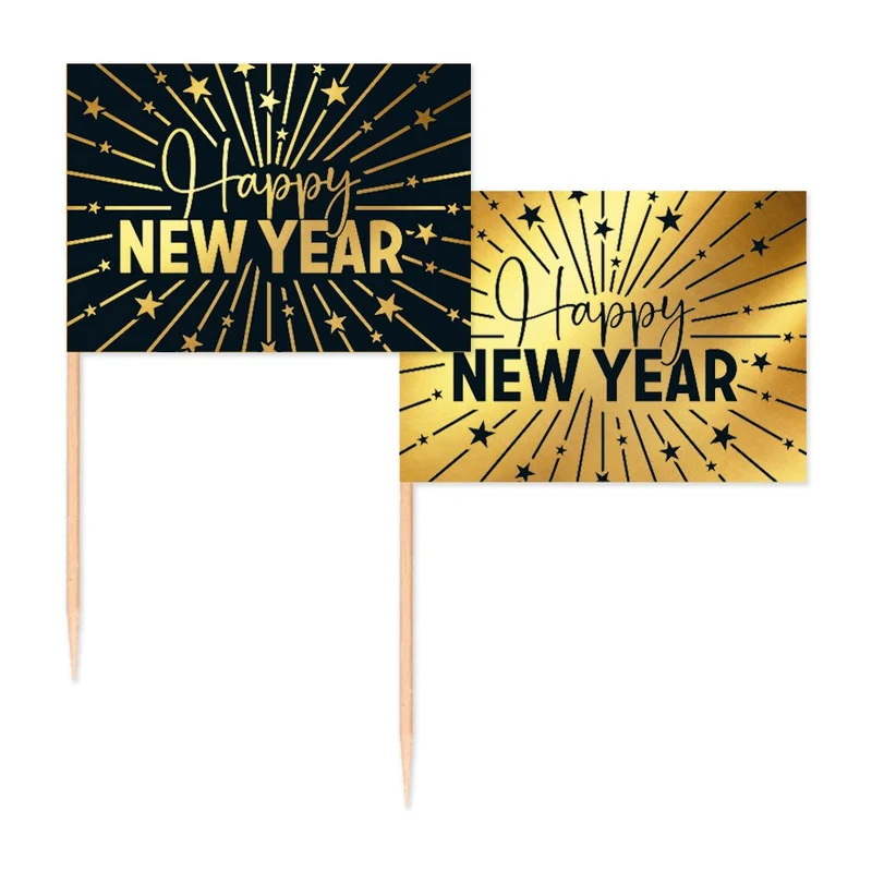 Happy New Year Cocktail Sticks Gold Schwarz 50 Stück