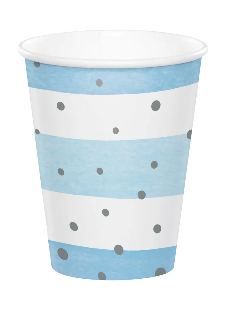 8 blaue und weiße Pappbecher mit silbernen Punkten, gestreift, 256 ml