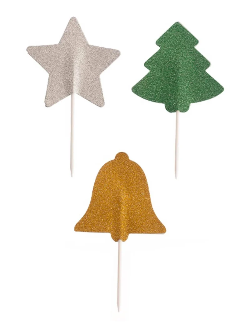 3 glitzernde Papier-Picks Weihnachten 5 cm Tanne Stern Glocke
