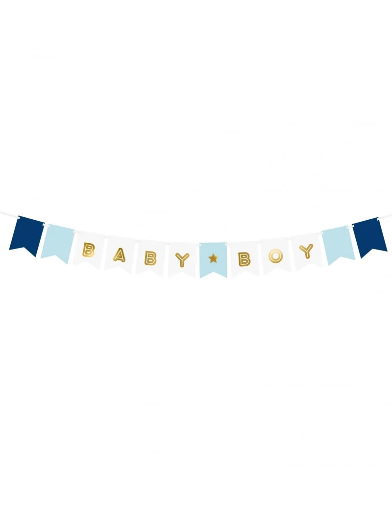Baby Boy Girlande aus blauem und metallischem Karton, 15 x 160 cm, mit Wimpeln