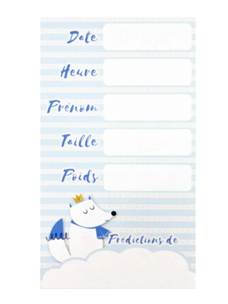 6 blaue Babyparty-Vorhersagekarten 7 x 12,5 cm mit weißem Fuchs-Motiv