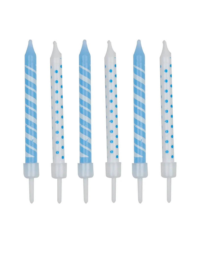 12 gestreifte und gepunktete Geburtstagskerzen weiß und hellblau 7,5 cm mit Haltern
