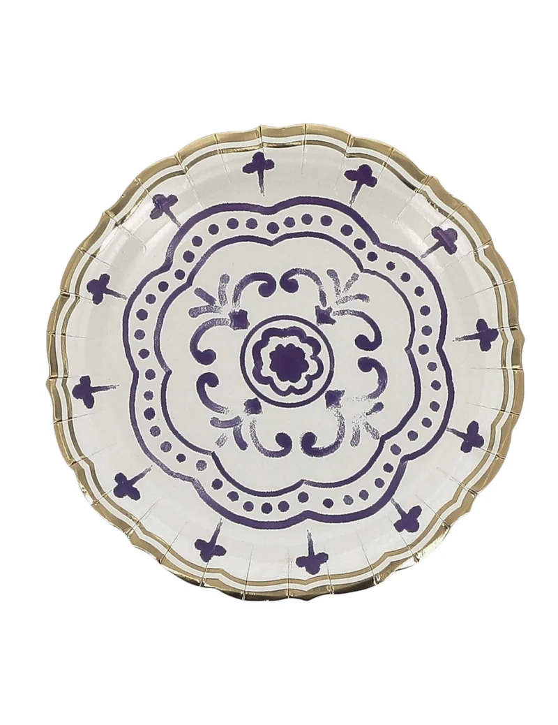 8 kleine Pappteller königsblau, weiß und gold 18cm Mittelmeermotiv