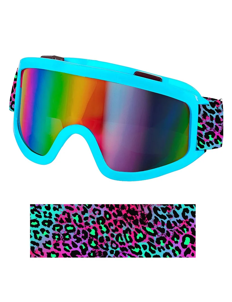 Blaue Skibrille mit buntem Leoparden-Stirnband