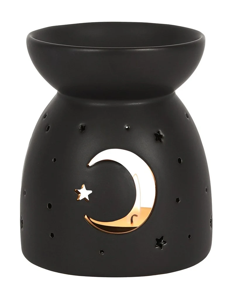 Schwarzer Duftöl Teelichthalter mit Mond & Sterne