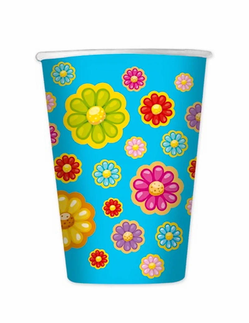8 Margeriten-Pappbecher 200 ml blaue Blumen