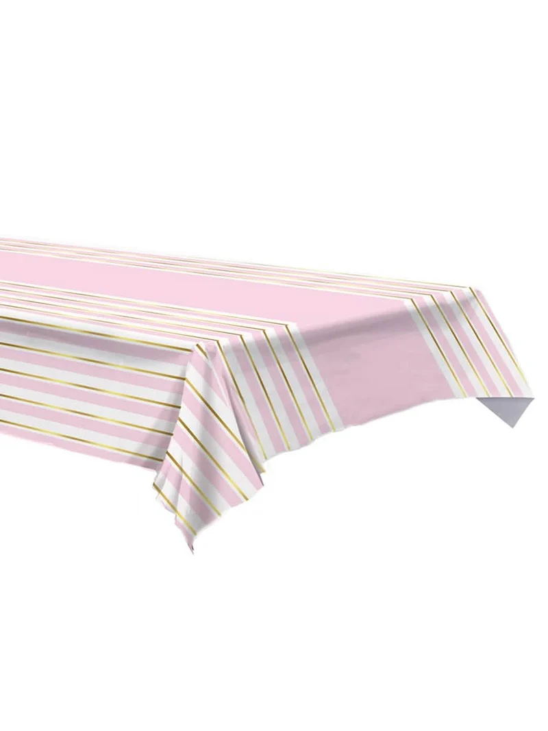 Rosa-weiße gestreifte Plastiktischdecke 137 x 274 cm mit Gold