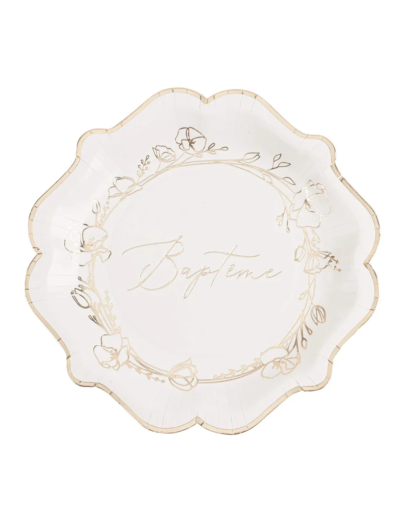 8 Pappteller Taufe 23 cm goldene Blumen