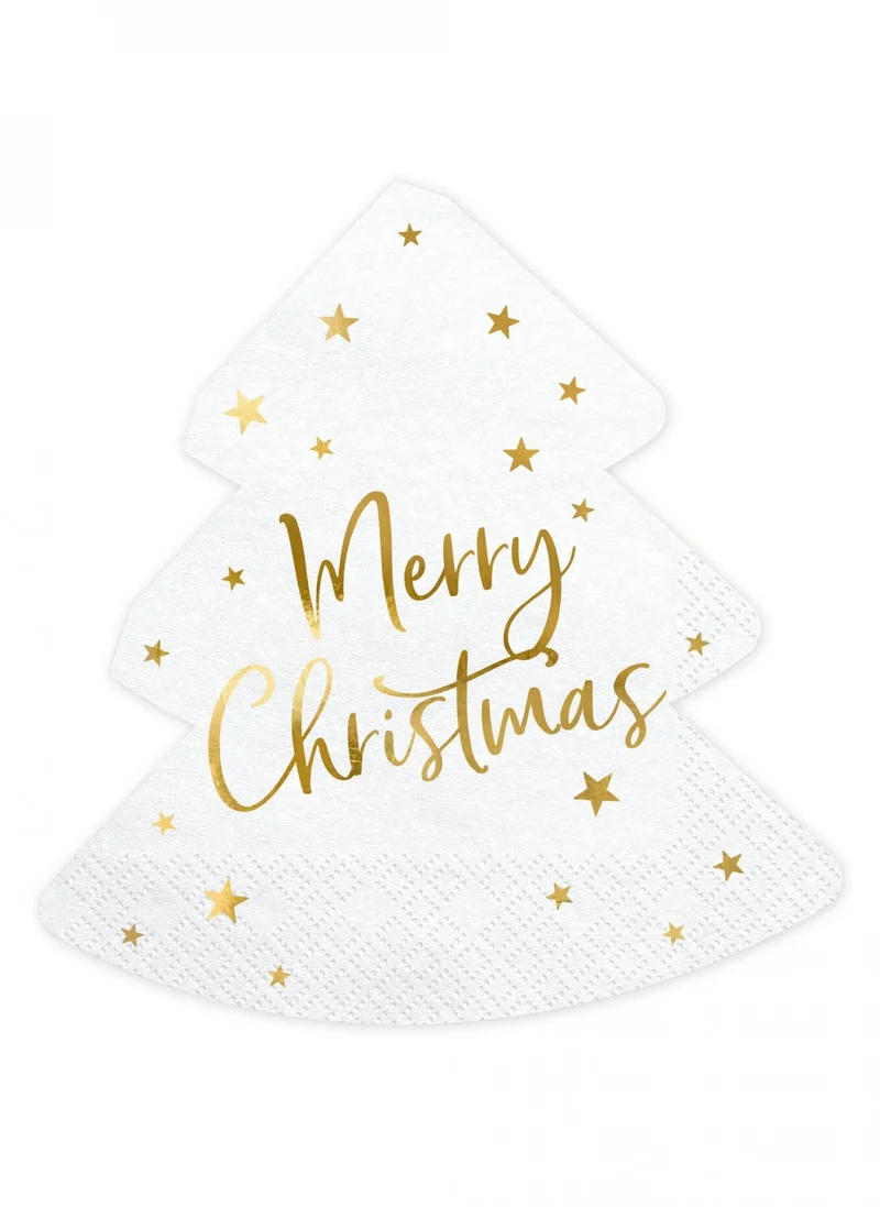 20 Deko-Papierservietten Tannenbaum "Merry Christmas" Weiß und Gold 16,5 cm