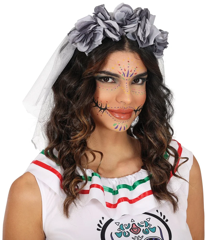 Halloween Haarband Grauer Schleier und Blumen