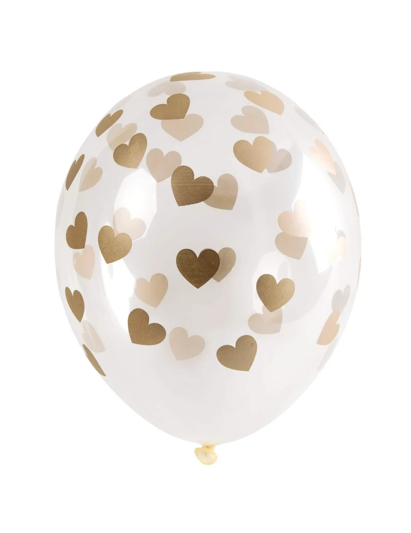 6 transparente Latexballons mit goldenen Herzen 30 cm heliumfähig
