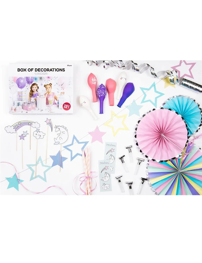 Einhorn-Geburtstagsdeko-Set 35 Teile mit Ballons und Rosetten