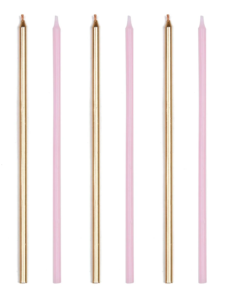 16 riesige rosa und metallic-goldene Kerzen 18 cm mit Kerzenhaltern