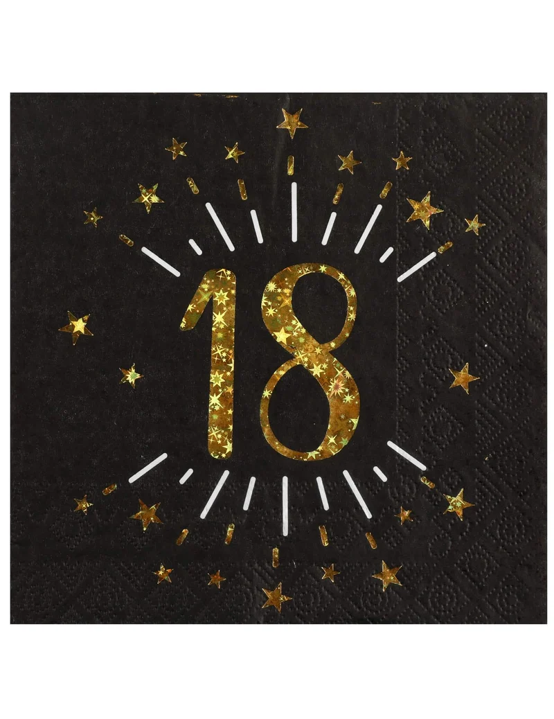 10 Papierservietten Happy Birthday 18 Schwarz und Gold 33 x 33 cm mit goldenen Sternen