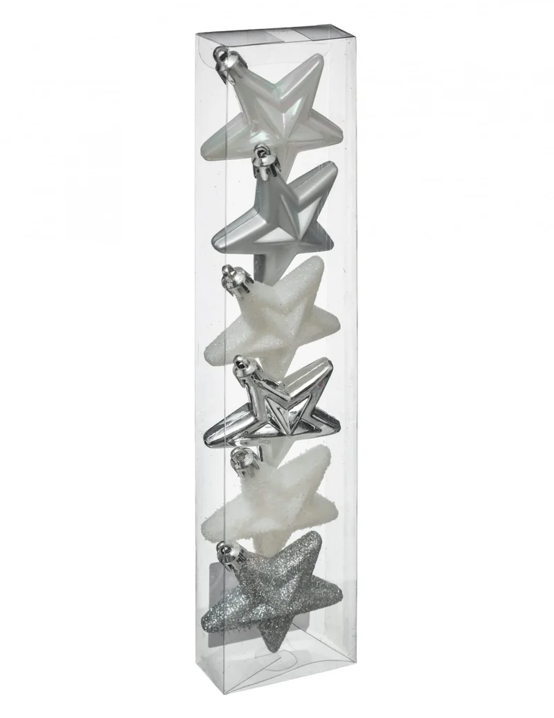 6 Tannenbaumhänger Sterne weiß und silber 6 cm matt und glitzernd