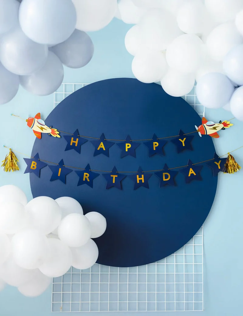 Girlande Happy Birthday kleines Flugzeug 2,5 m blau und gold
