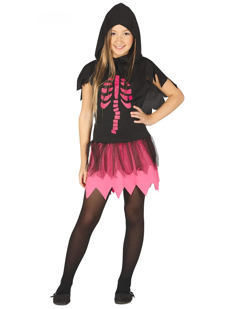 Skelett-Dame Mädchenkostüm für Halloween schwarz-pink