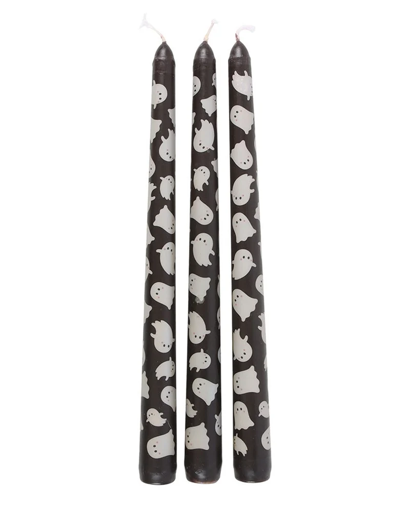 Schwarze Spitzkerzen mit Gespenster Motiv 3er-Set