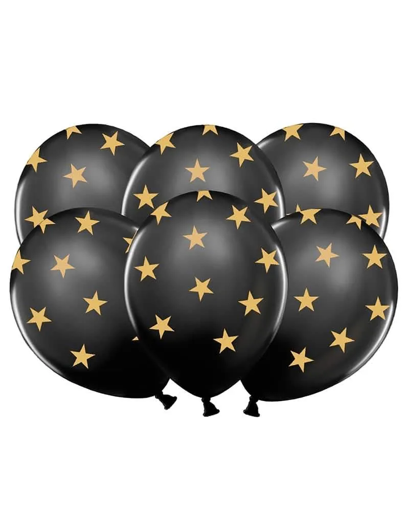6 schwarze Latex Luftballons goldene Sterne