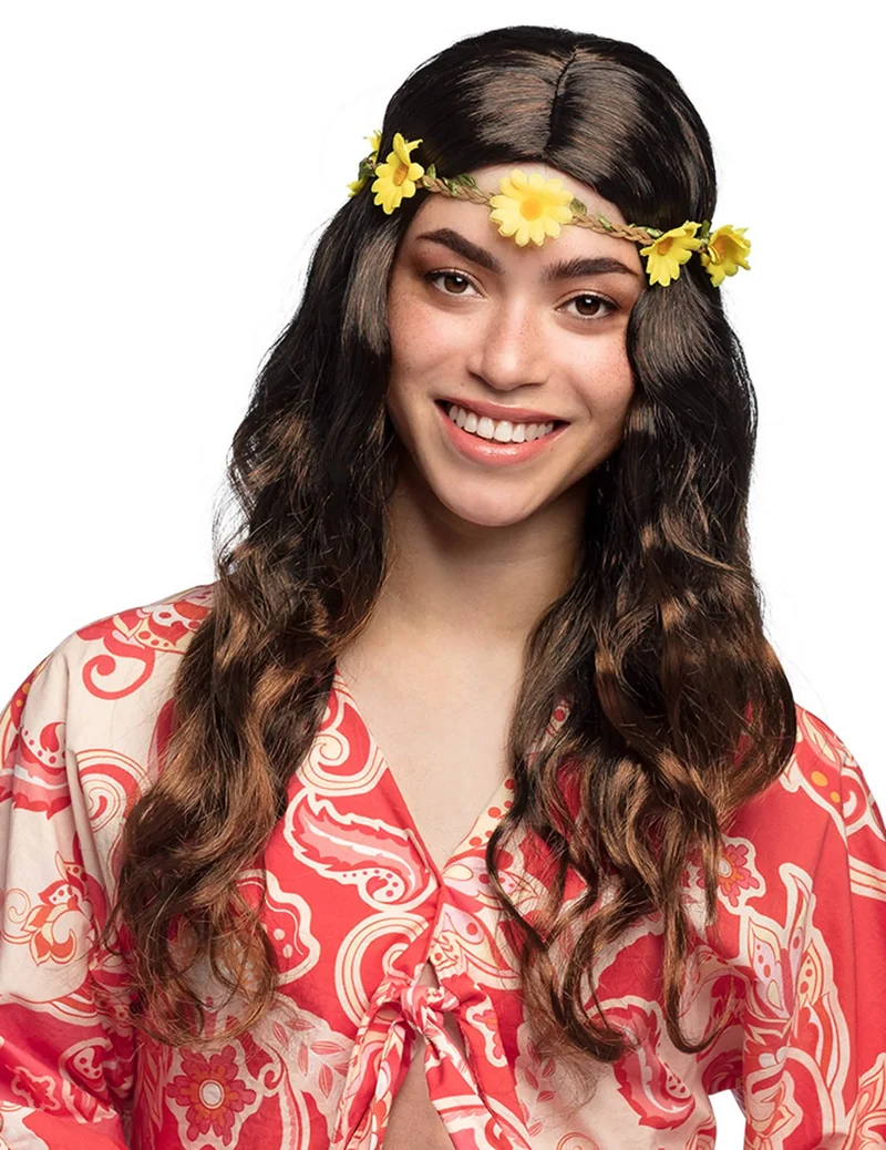 Verführerische Hippie-Perücke mit Blumenband braun-bunt