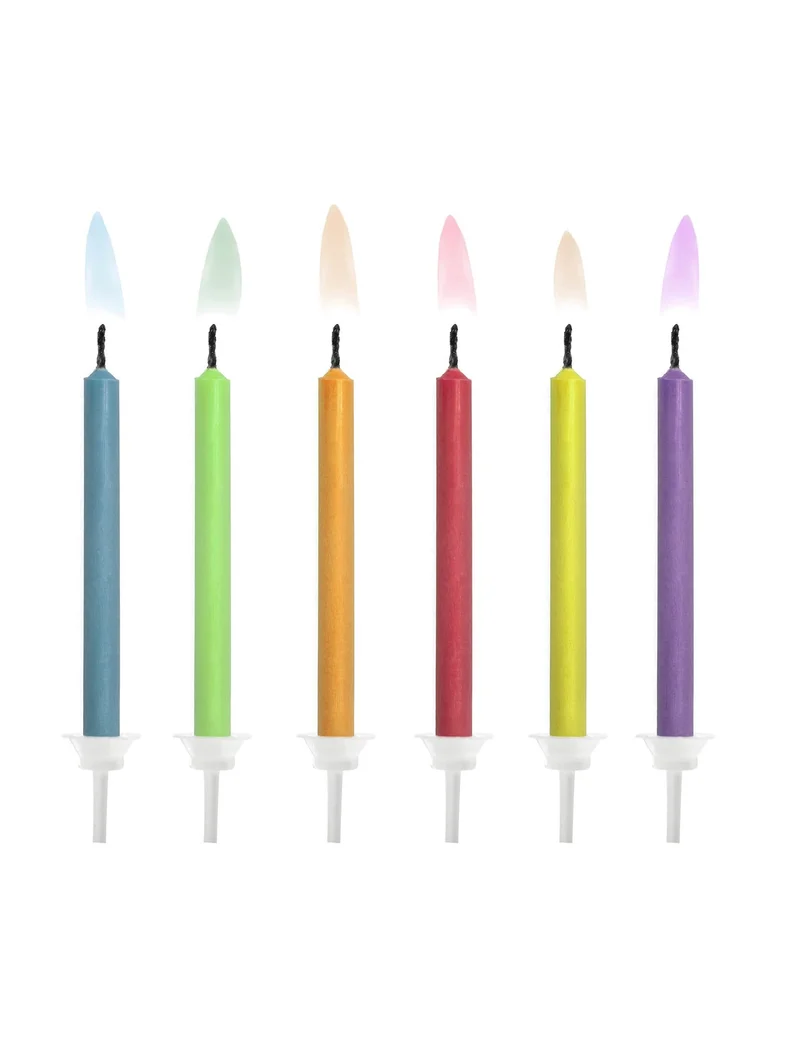 6 Geburtstagskerzen mit bunter Flamme 6 cm mit Haltern