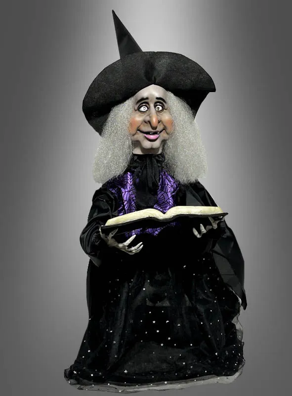 Animierte Hexe mit Zauberbuch 70cm Halloween