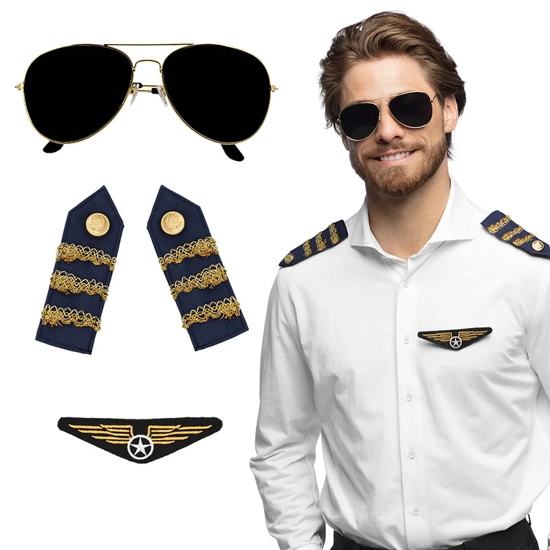 Set Piloot (partybril, badge en schouderstukken)