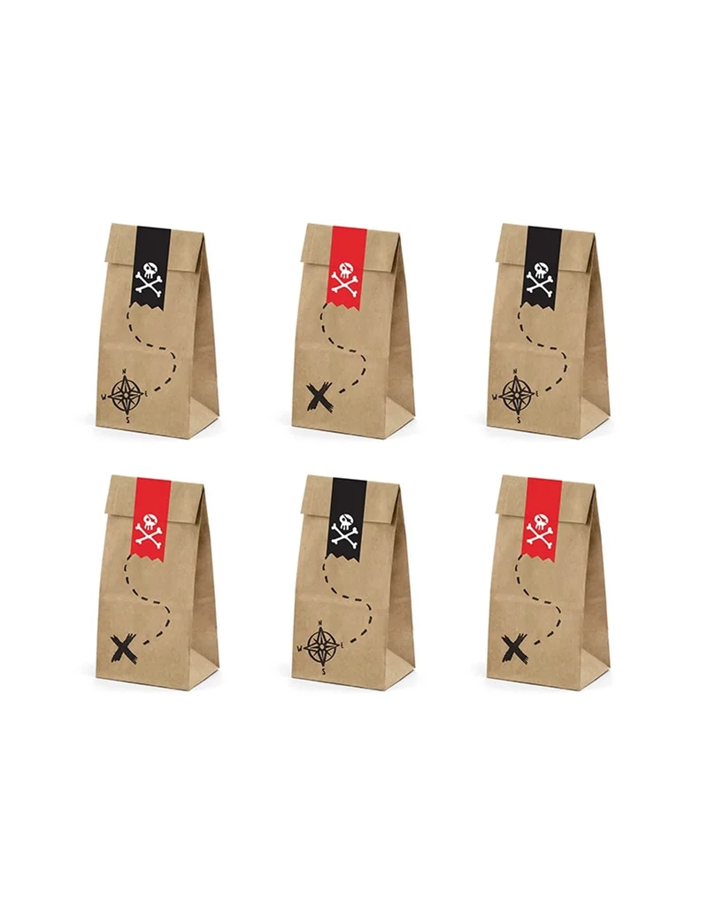 Papier-Geschenktütchen Piraten-Zubehör 6 Stück braun-rot-schwarz 8 x 18 x 6 cm