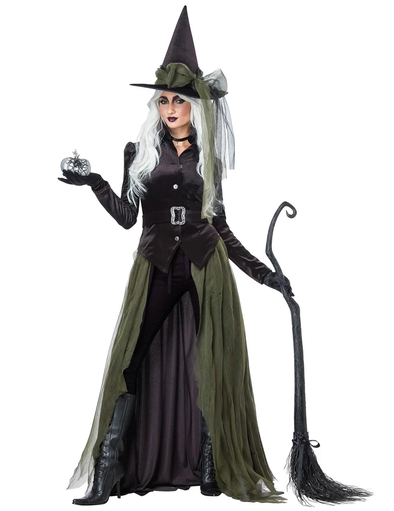 Dunkles Gothic-Hexenkostüm für Damen Halloween grün-schwarz