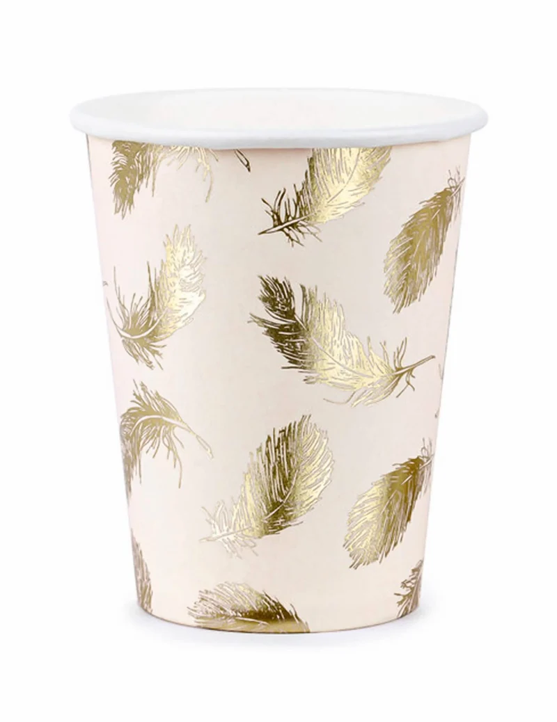 6 Pappbecher Lovely Swan rosa und goldene Federn 220 ml