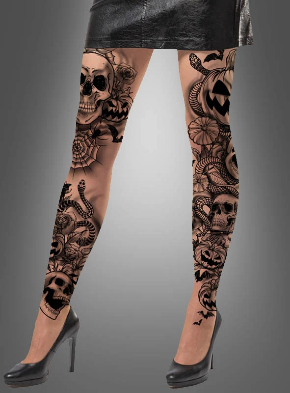 Tattoo Strumpfhose Totenkopf und Kürbisse