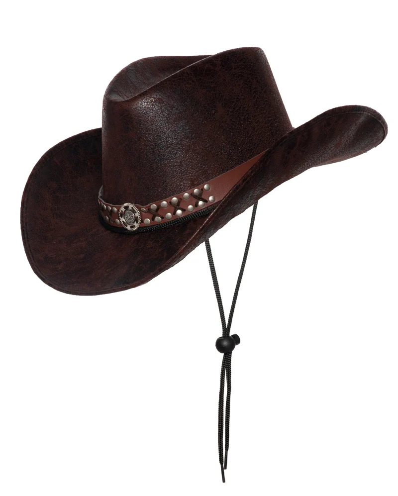 Brauner Cowboyhut mit Nieten-Hutband & Kordel