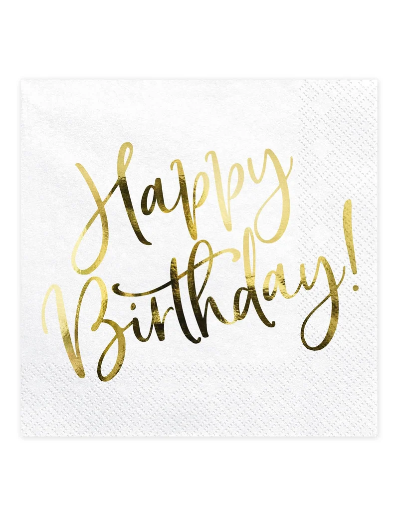 20 weiße und goldene Happy Birthday-Papierservietten, 33 x 33 cm