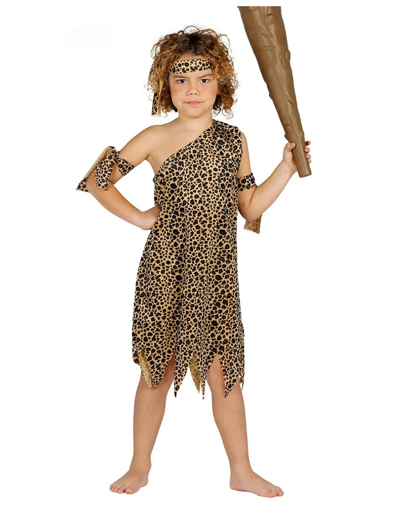 Höhlenmensch-Kinderkostüm Steinzeit Verkleidung für Karneval Leoparden-Print braun-schwarz