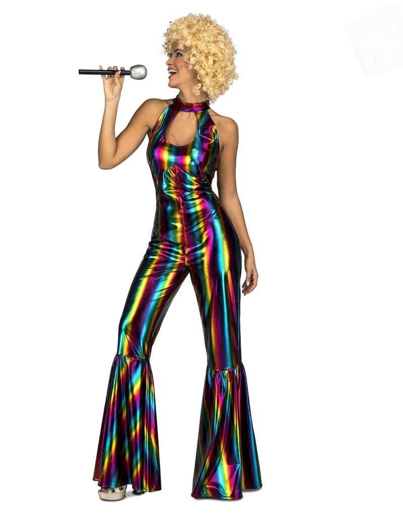 Regenbogen Disco-Kostüm für Damen 70er-Jahre bunt