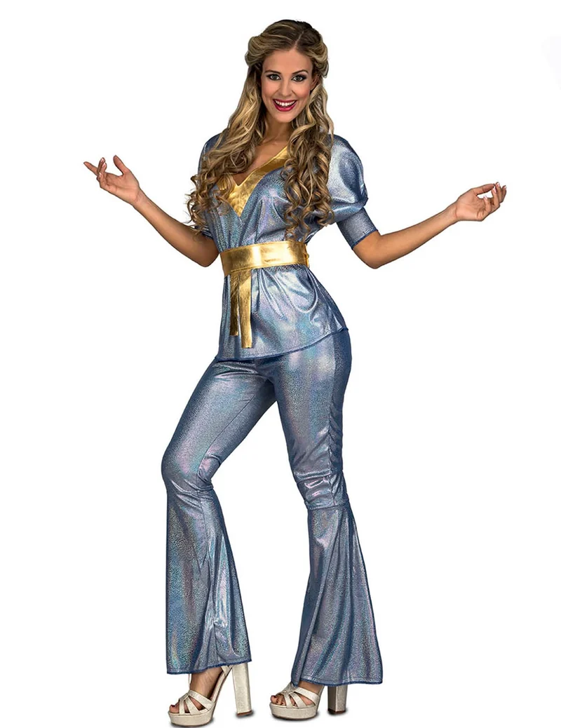 70er-Jahre Disco-Damenkostüm für Fasching Party-Outfit blau-gold