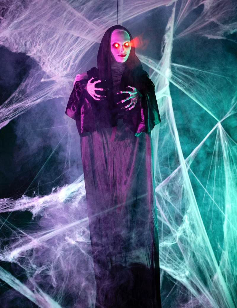 Schaurige Nonnen-Deko mit Leuchtfunktion Halloween schwarz-weiss 120 cm
