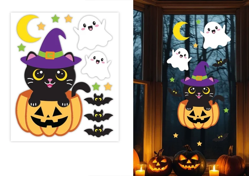 Halloween-Fensterdekoration „Katze mit Kürbis“, 50 cm