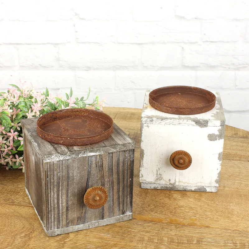 2er Set Vintage Kerzenhalter Grau Antikweiß