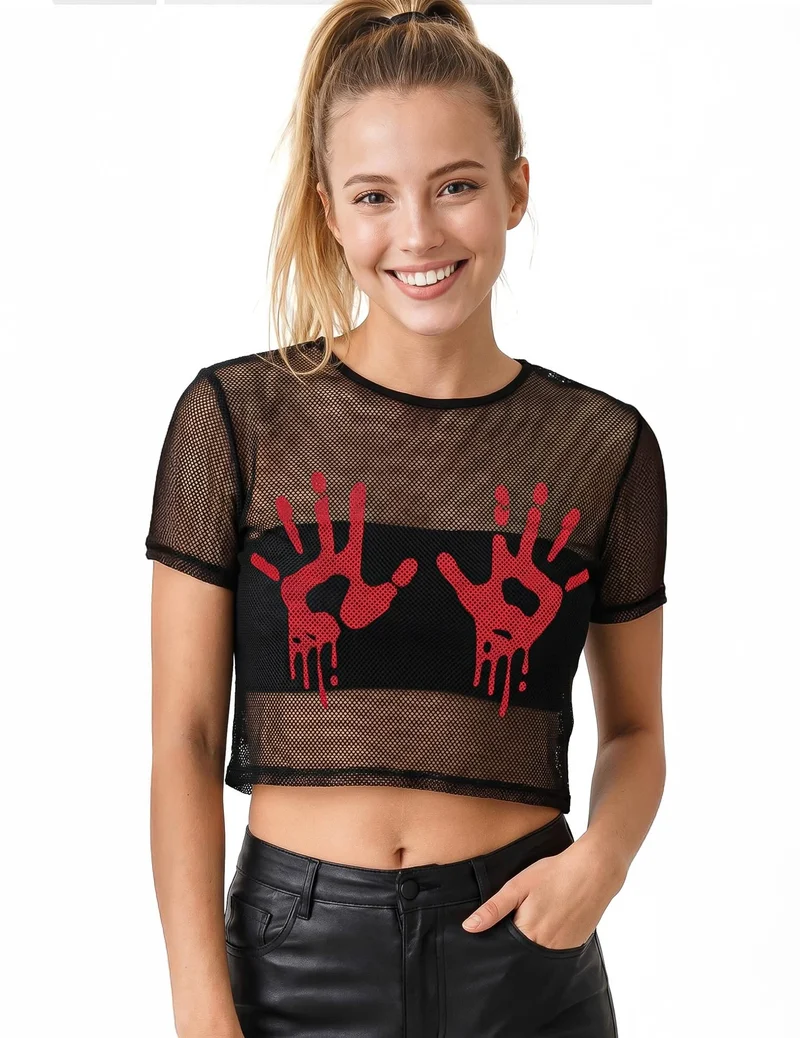 Netz-Crop-Top fÃ¼r Erwachsene schwarz mit blutigen HandabdrÃ¼cken