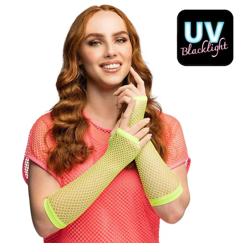 Ein Paar Handschuhe mit Ellbogenschutz aus Mesh, neongrün