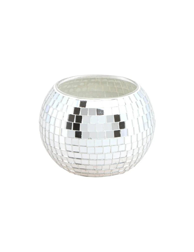 Silberner Discokugel-Teelichthalter aus Glas 8 x 7 cm