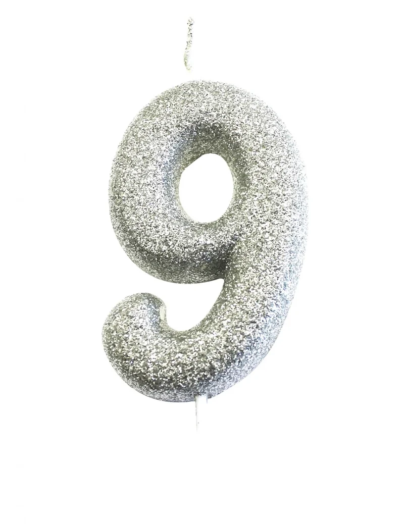 Glitzer-Silber-Kerze auf Spieß Zahl 9, 7 cm, für Geburtstagstorte