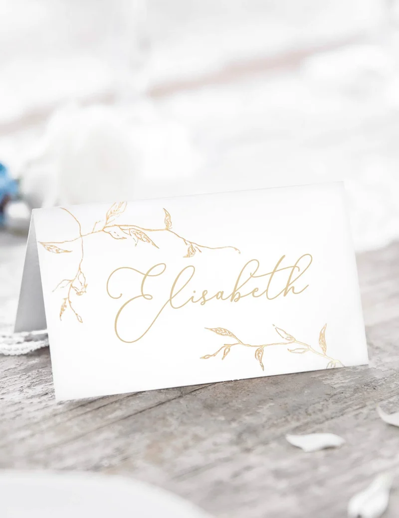 10 goldene Zweige Tischkarten aus Karton 9,5 x 5,5 cm für Hochzeit