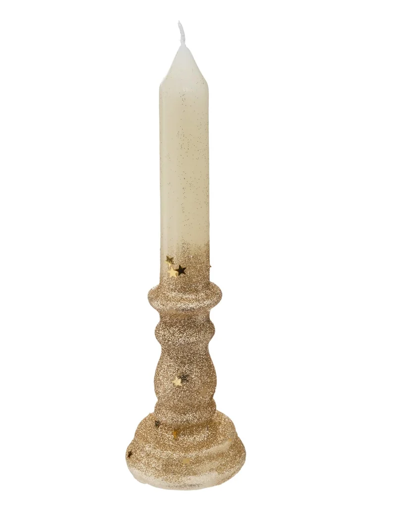 Gold-weiße Stumpenkerze 20 cm mit Glitzer und Sternen